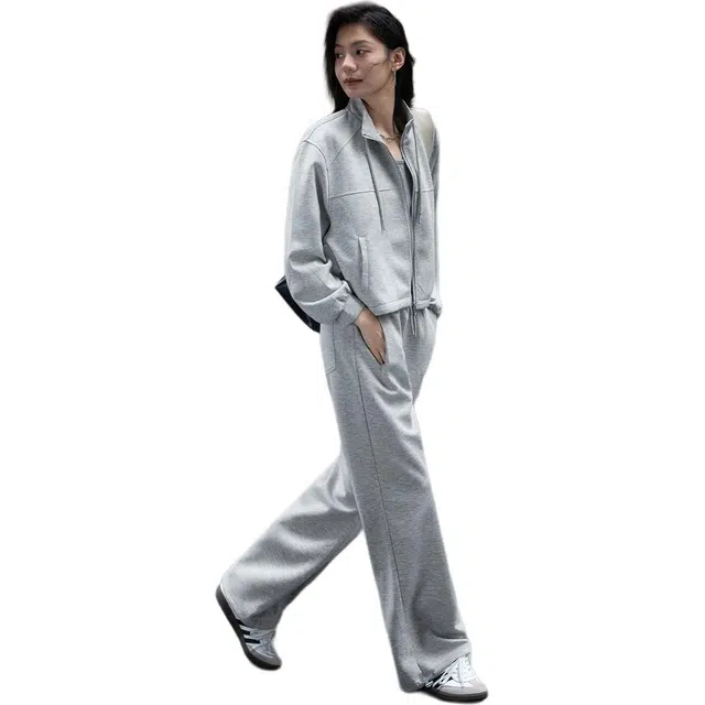 【dme】 立领上衣长袖纯色简约长裤卫衣套装 女款 浅麻灰