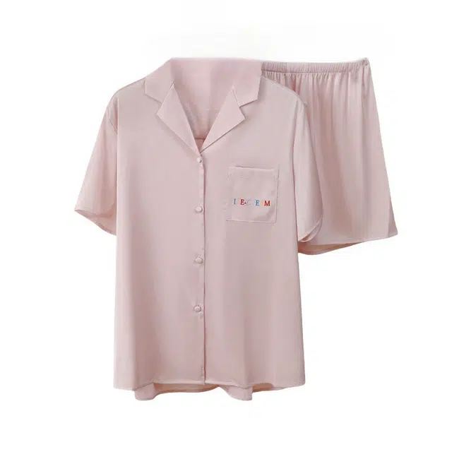 北极绒 刺绣休闲舒适短袖三分裤睡衣套装 女款