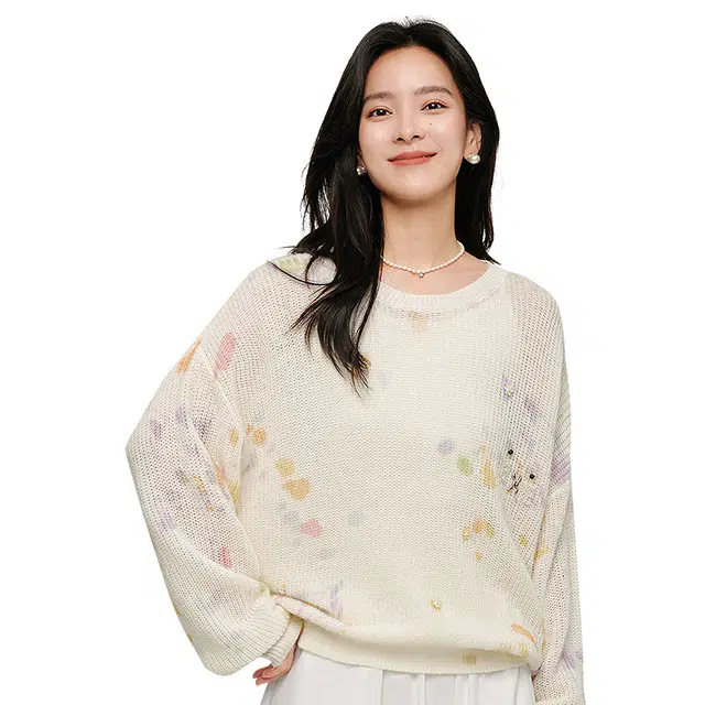 茵曼 法式设计感印花圆领长袖毛衣 女款 白色