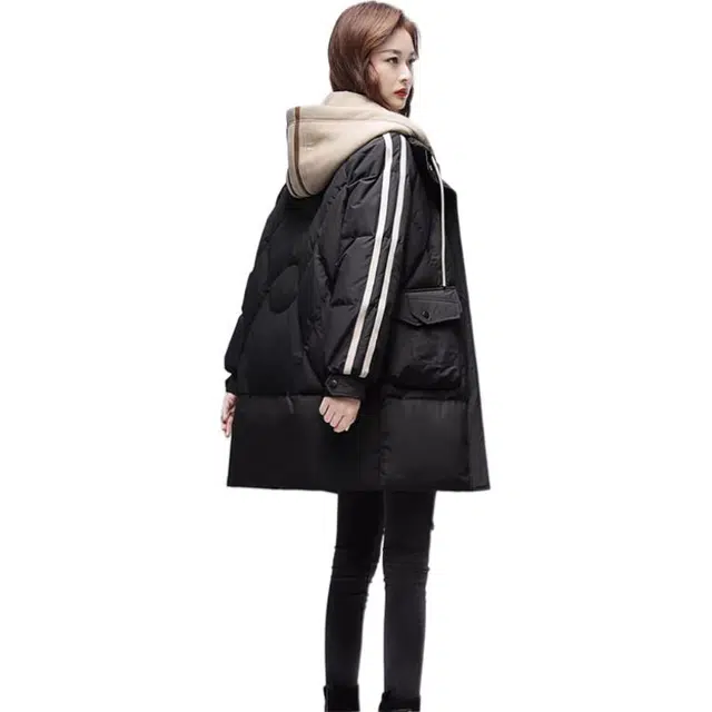 鸭鸭 中长款连帽宽松拉链长袖羽绒服 女款