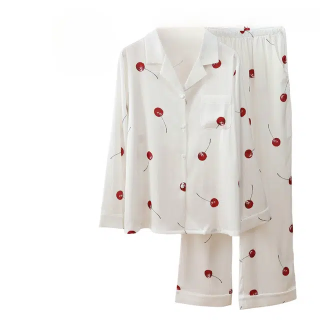 北极绒 印花翻领长袖休闲长裤睡衣套装 女款 杏色