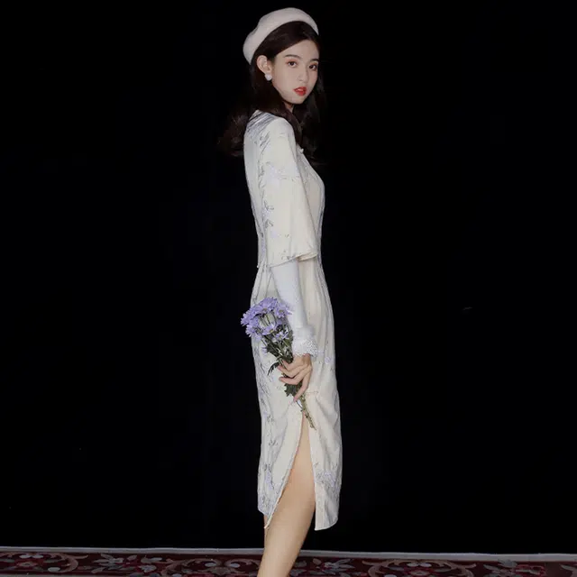 槿爷东方 花枝刺绣丝绒高开衩七分袖旗袍 女款 乳白色