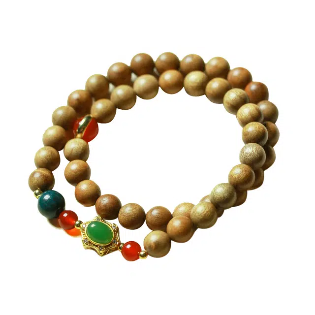 仙友 国潮新中式檀木 双圈 搭配 念珠文玩转运佛珠 绿檀 手串 男女同款情侣款