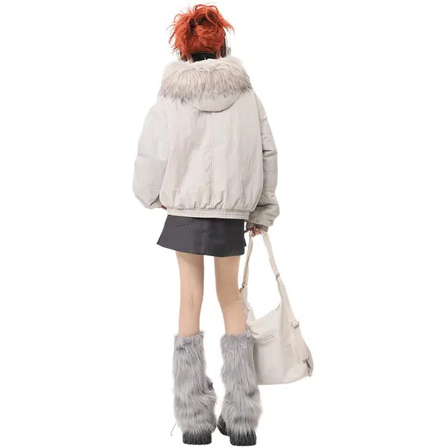 哒头下雨不愁 美式复古纯色毛领保暖舒适长袖小个子休闲时尚高级感连帽设计感派克服宽松棉服 女款