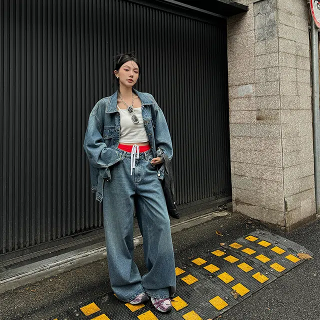 区区欧阳 纯色翻领长袖牛仔外套 女款 牛仔蓝