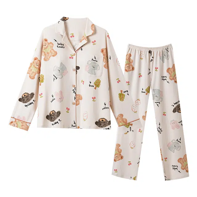 欧诗帛 简约带胸垫舒适翻领开衫长袖休闲可外穿长裤睡衣套装 女款 图片色