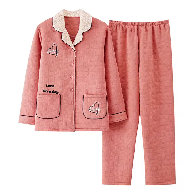 莫代尔 甜美透气亲肤保暖舒适储温小清新睡衣套装 女款 桔红色