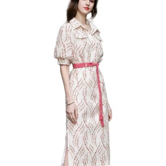 达菲时尚 印花刺绣灯笼袖短袖连衣裙 玫红