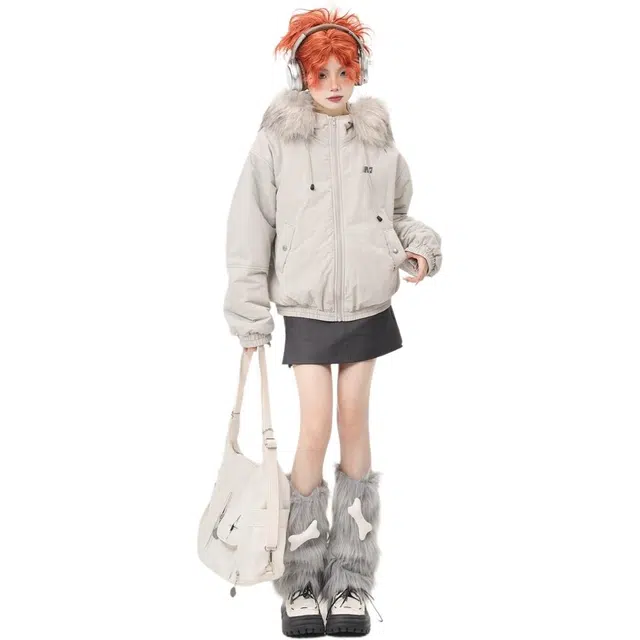 哒头下雨不愁 美式复古纯色毛领保暖舒适长袖小个子休闲时尚高级感连帽设计感派克服宽松棉服 女款