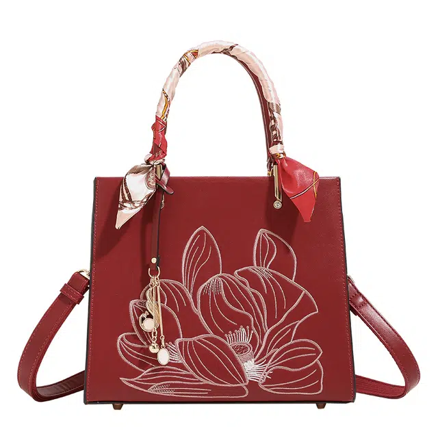 恒源祥 小众刺绣婚包气质时尚潮流潮酷高贵典雅优雅脱俗清新商务斜挎水桶包 超纤合成革 单肩包 女款 红色