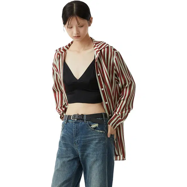 桑罗 条纹休闲上衣长袖衬衫 男女同款 红棕色
