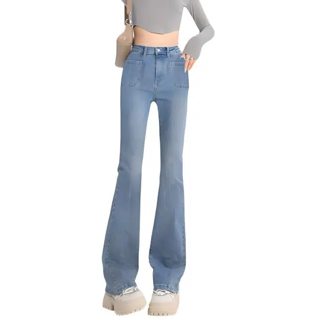 惟熙 复古微喇裤高腰显瘦弹力修身拖地马蹄长裤子牛仔裤 女款 中蓝色