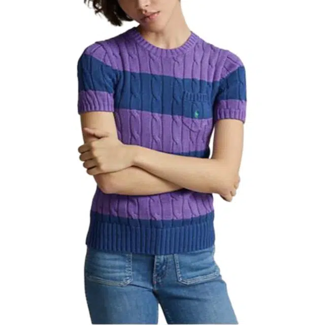 Polo Ralph Lauren Striped Cable-Knit Short-Sleeve Sweater