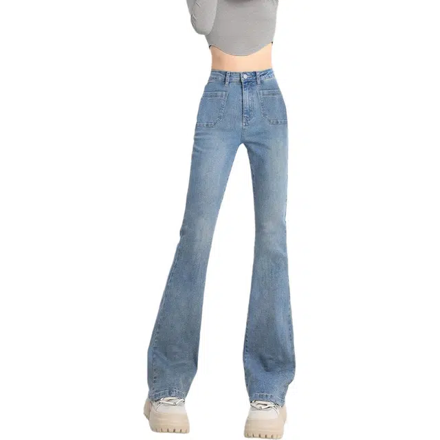 惟熙 复古微喇裤高腰显瘦弹力修身拖地马蹄长裤子牛仔裤 女款 中蓝色