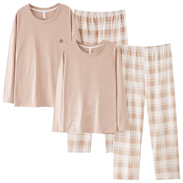 莫代尔 圆领纯色长袖格子长裤可外穿睡衣套装 男女同款 巧克力色