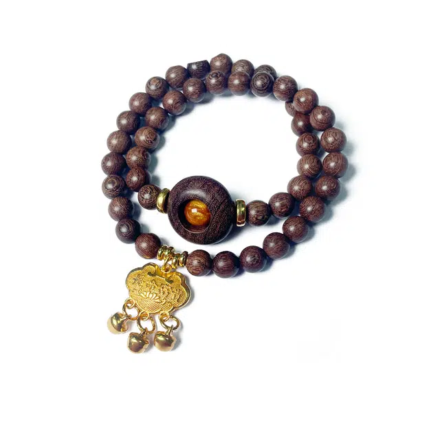 九隆古 武当山新中式国风平安锁 时来运转平安扣招财 出入平安 长命百岁锁双圈叠戴古雅宫锁 金丝檀木 手串 男女同款情侣款