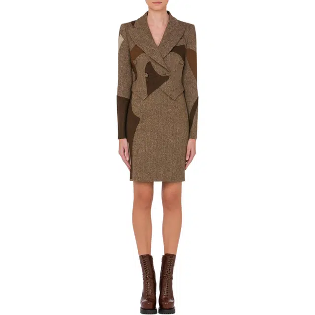 MOSCHINO Patchwork Cropped Wool Blend Jacket