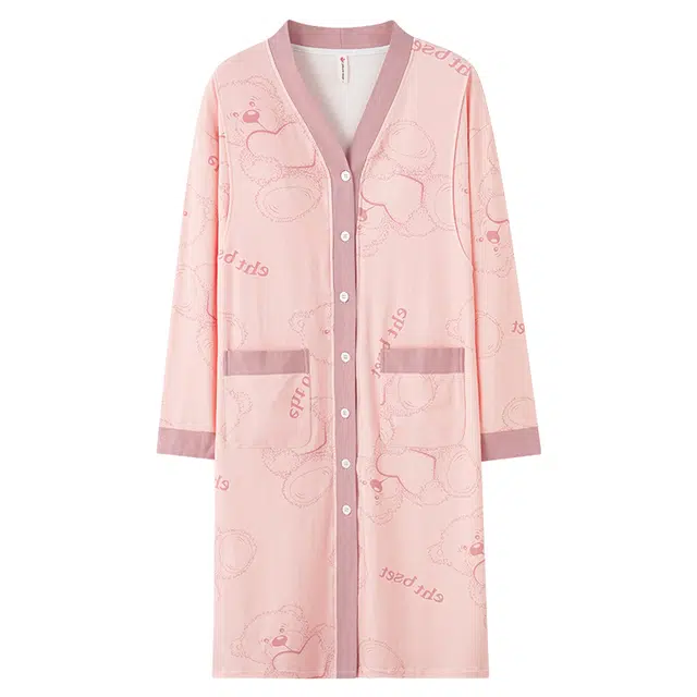 莫代尔 休闲甜美花卉时尚透气亲肤长袖可外穿家居服居家睡裙 女款 粉红色