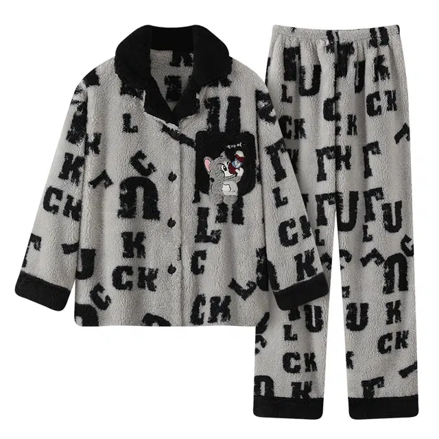 乐姿韵 动物卡通英文字母满印长袖长裤高级感亲肤舒适保暖睡衣套装 男款 灰色