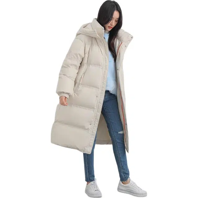 鸭鸭 纯色连帽加厚拉链中长款长袖羽绒服 女款