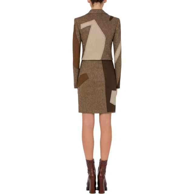 MOSCHINO Patchwork Cropped Wool Blend Jacket