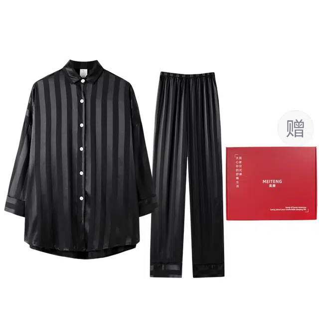 美腾 冰丝条纹长袖韩版宽松长裤两件家居服睡衣套装 春秋季 女款 黑色 礼盒款