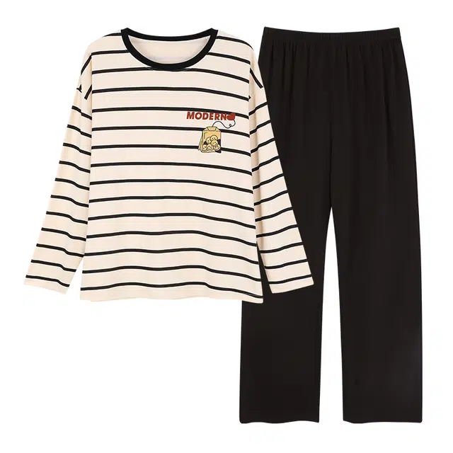 梦特娇 简约舒适透气长袖长裤套头可外穿家居服睡衣套装 女款 杏色