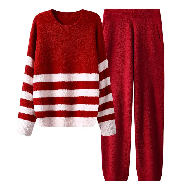 热妒 蓄热亲肤柔软舒适可外穿长袖长裤睡衣套装 女款 红色