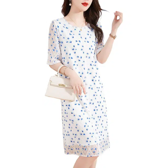水墨佳人 满印碎花简约舒适休闲短袖连衣裙 女款 白色