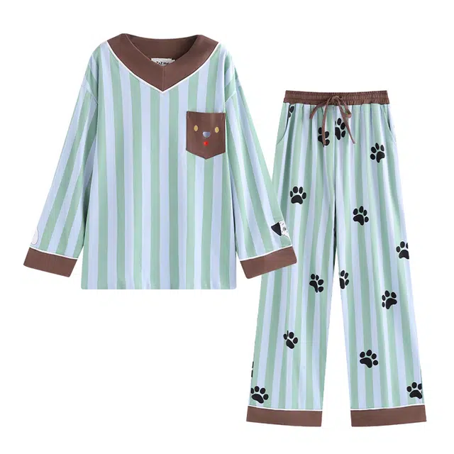 侘町 亲肤舒适长袖长裤撞色条纹狗狗刺绣爪子可外穿秋季睡衣套装 女款 图色