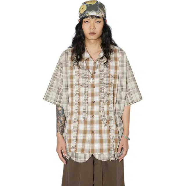物理少年 日系复古宽松古巴领短袖衬衫 女款 卡其格