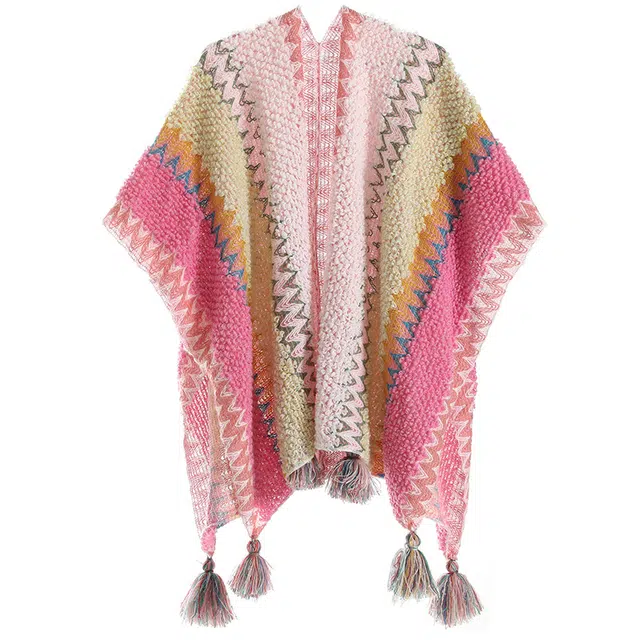 木林森 民族风披肩云南西藏大理针织流苏复古开叉披肩插色混色旅游大斗篷 女款
