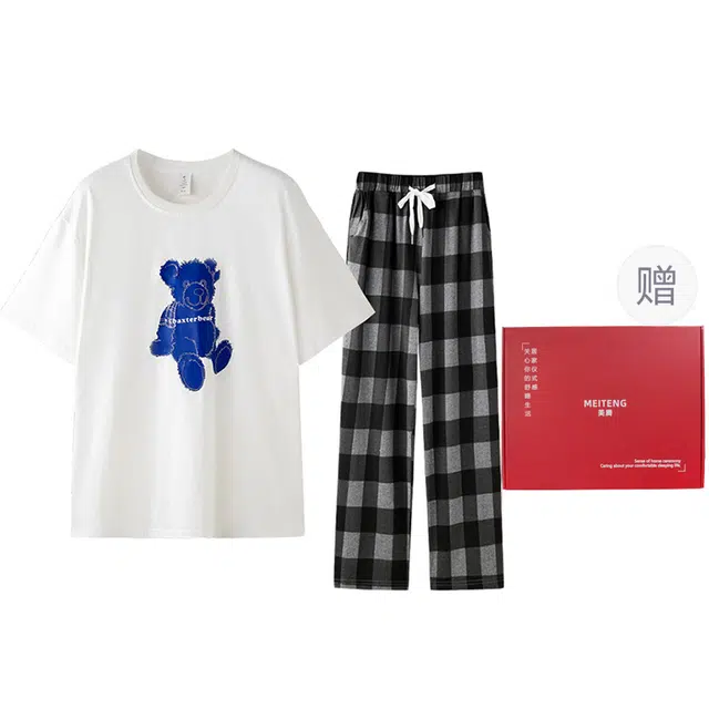 美腾 夏季情侣家居服可外穿卡通小熊短袖格子长裤纯棉睡衣套装 男女同款 白色黑色 礼盒款