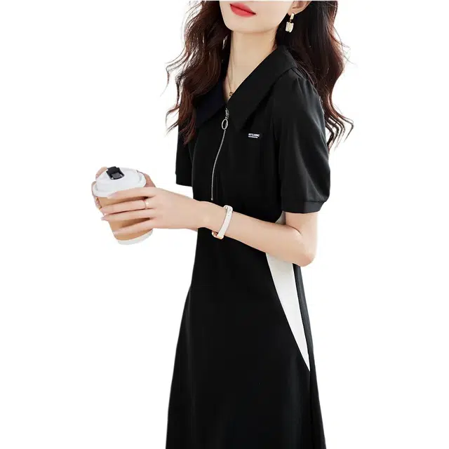 沫晗依美 撞色拼接翻领短袖连衣裙 女款 黑色
