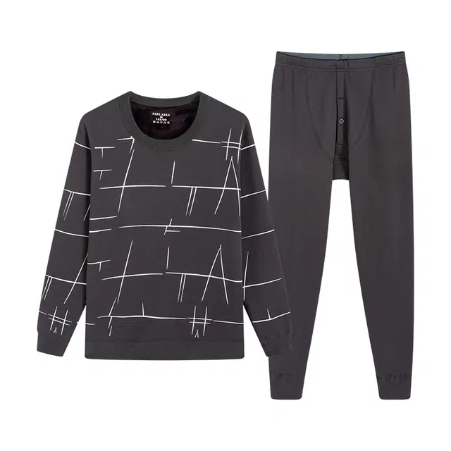 贴身领域 圆领可外穿加厚加绒印花冬季青年内衣保暖套装 男款