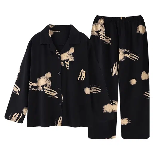 北极绒 简约亲肤舒适满印翻领开衫长袖休闲可外穿长裤睡衣套装 女款 图片色