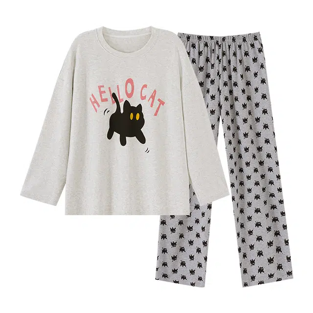 欧诗帛 简约亲肤舒适带胸垫圆领套头长袖休闲可外穿长裤睡衣套装 女款 图片色