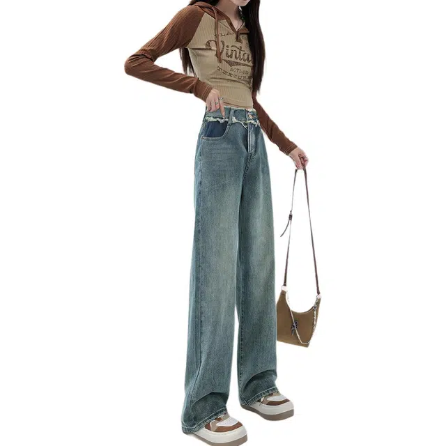 惟熙 高腰加绒加厚宽松垂感阔腿长裤牛仔裤 女款 蓝色