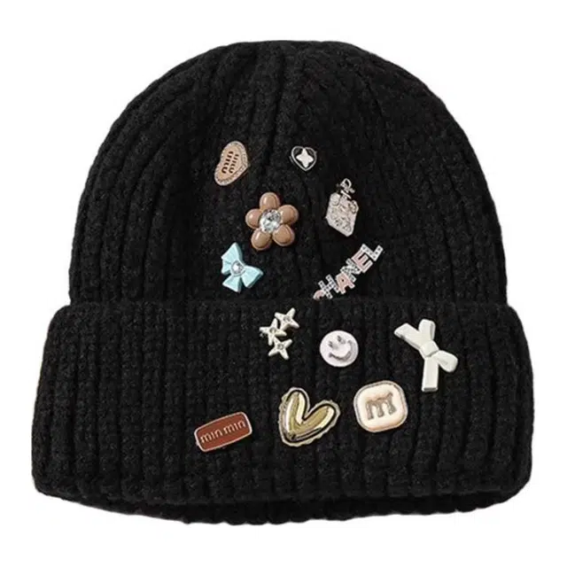 木林森 韩式韩版可爱多徽章针织毛线保暖防风护耳 腈纶 绒线帽 男女同款情侣款