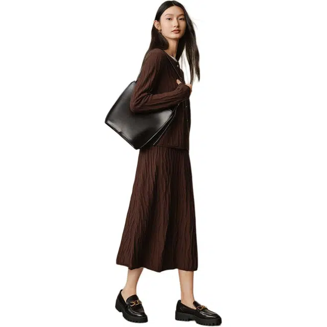 玖姿安娜蔻 纯色简约舒适长款半身休闲长裙 女款 深咖啡