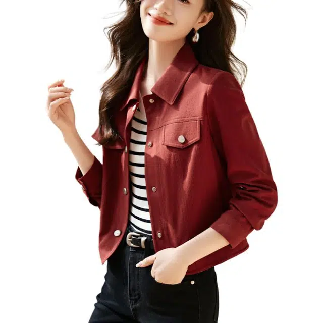 沫晗依美 短款翻领纯色夹克外套 女款 红色