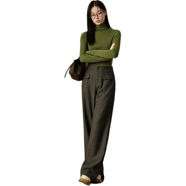 玖姿安娜蔻 纯色自然腰简约阔腿休闲裤 女款 墨绿