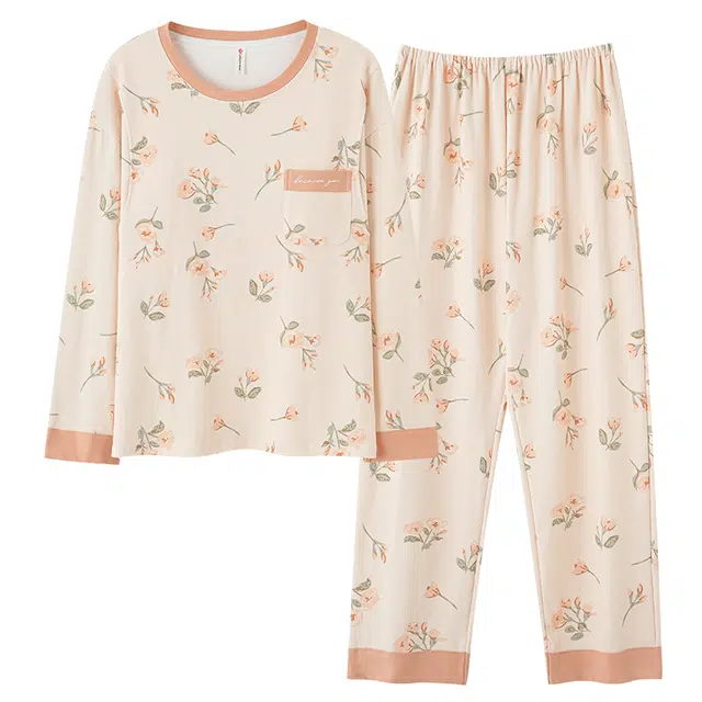 莫代尔 可外穿小清新时尚细腻柔软透气舒适轻盈长袖长裤居家服睡衣套装 女款 杏色