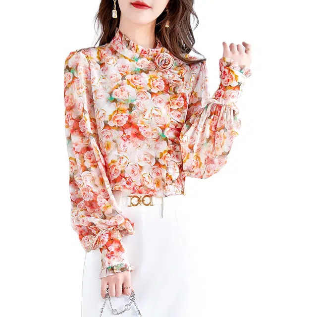 水墨佳人 复古通勤立领碎花长袖衬衫 女款 花色