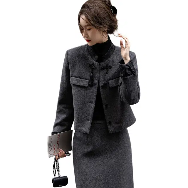 【dme】 纯色时尚半高领单排扣长袖大衣 女款 灰色