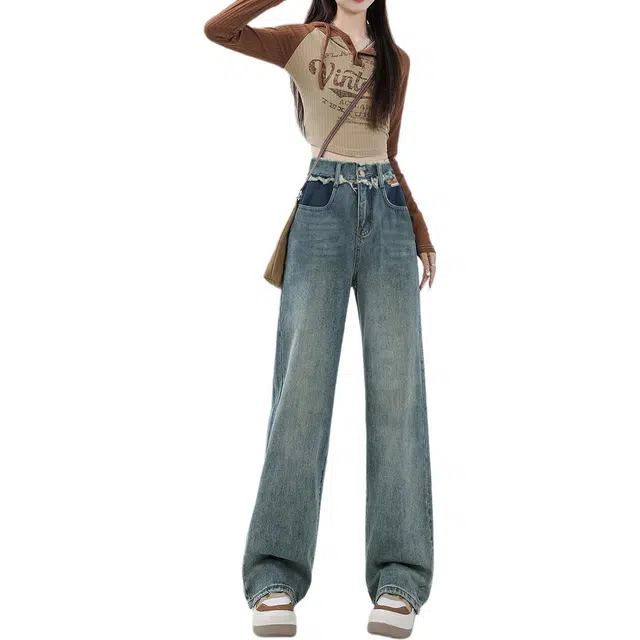 惟熙 高腰加绒加厚宽松垂感阔腿长裤牛仔裤 女款 蓝色