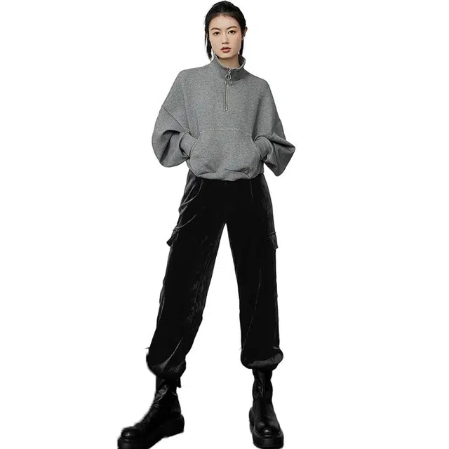 美洋 纯色灯芯绒工装九分束脚休闲裤 女款 黑色