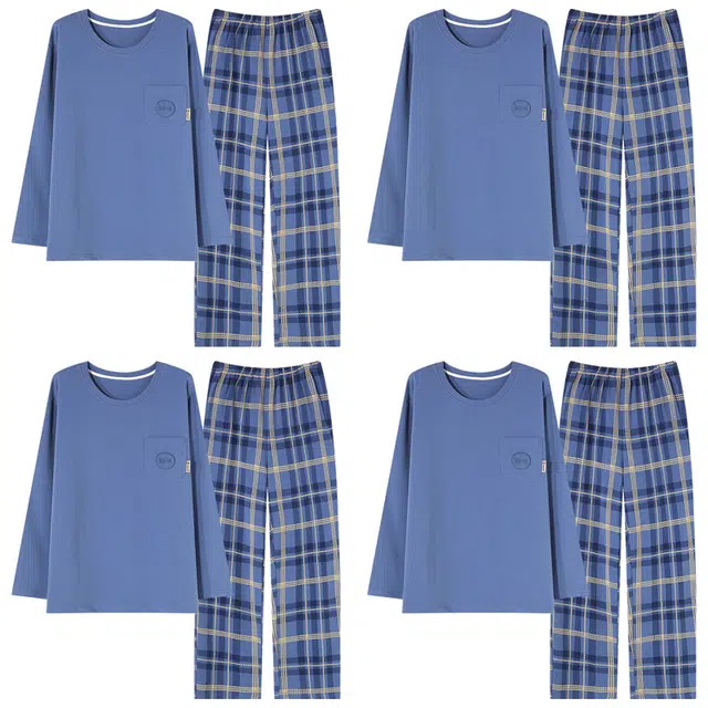 莫代尔 韩版舒适透气简约套头长袖长裤可外穿睡衣套装 男款 图片色