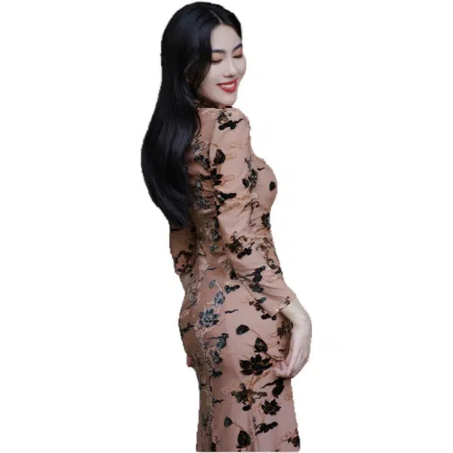 四美子 新年礼服国风长袖连衣裙旗袍 女款 颜如玉