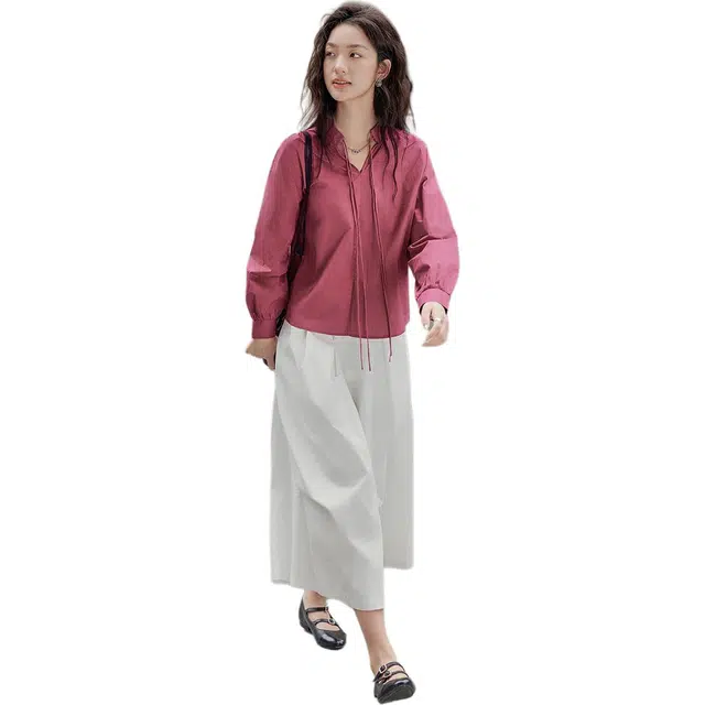 【dme】 纯色系带领宽松长袖衬衫 女款 玫红